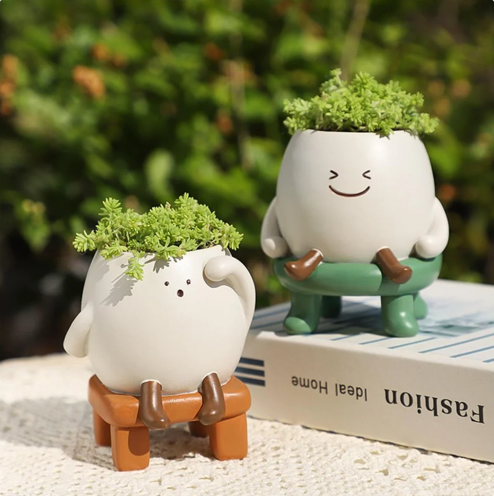 Joy Bubble – Cute Round Face Sitting Resin Pot | Succulent Desk & Home Decor