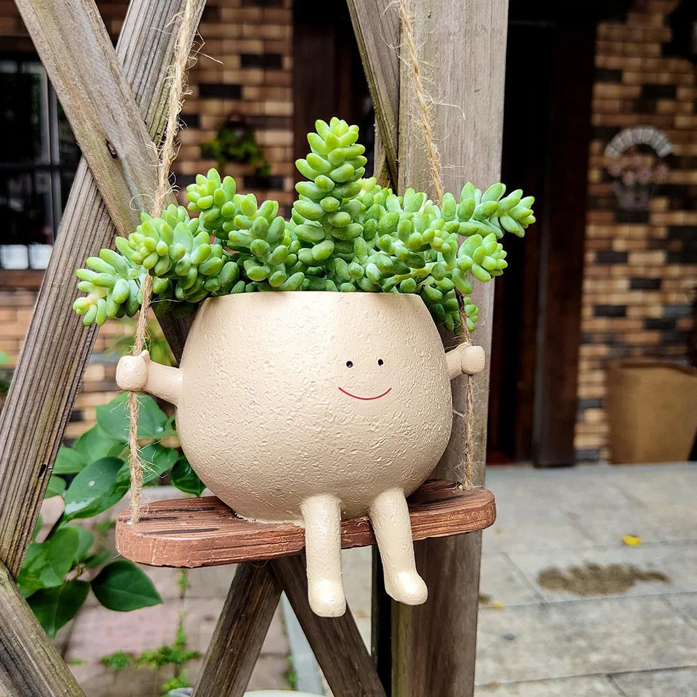 Swing Smile – Hanging Face Planter on a Swing | Kawaii Wall Decor Pot