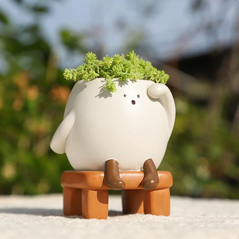 Joy Bubble – Cute Round Face Sitting Resin Pot | Succulent Desk & Home Decor