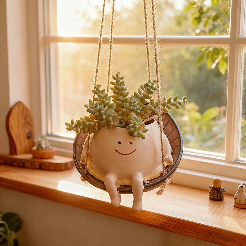 Luna Swing – Cartoon Character Hanging Resin Planter | Kawaii Swing Pot