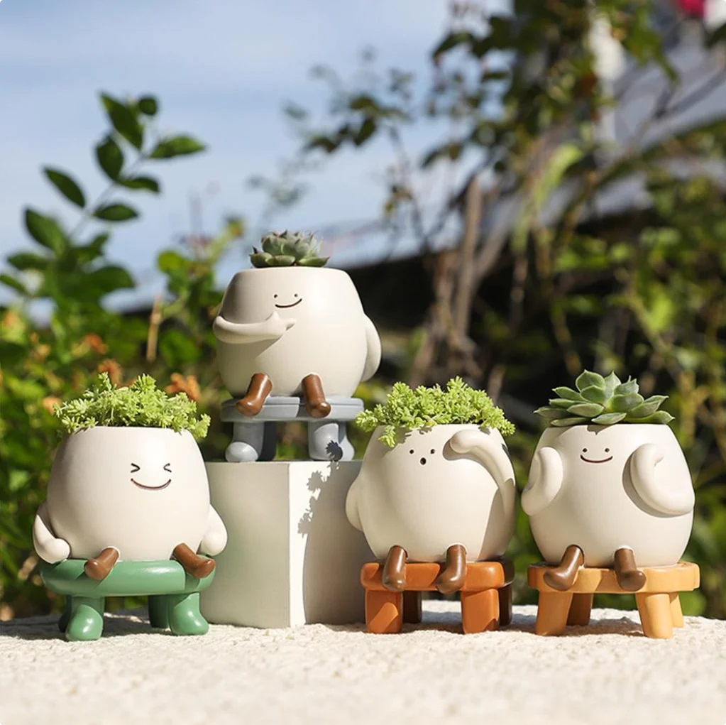 Joy Bubble – Cute Round Face Sitting Resin Pot | Succulent Desk & Home Decor