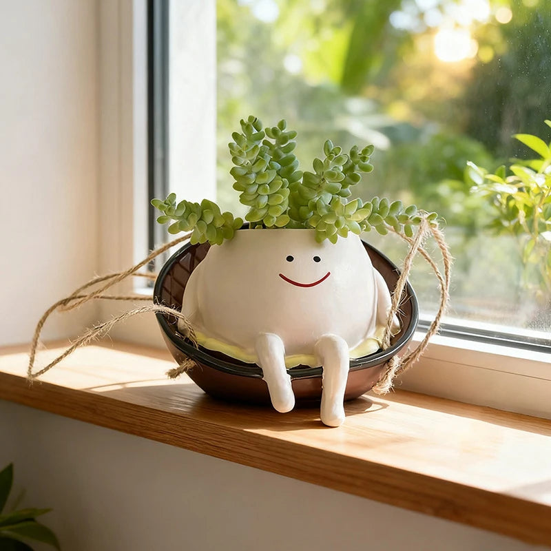 Luna Swing – Cartoon Character Hanging Resin Planter | Kawaii Swing Pot