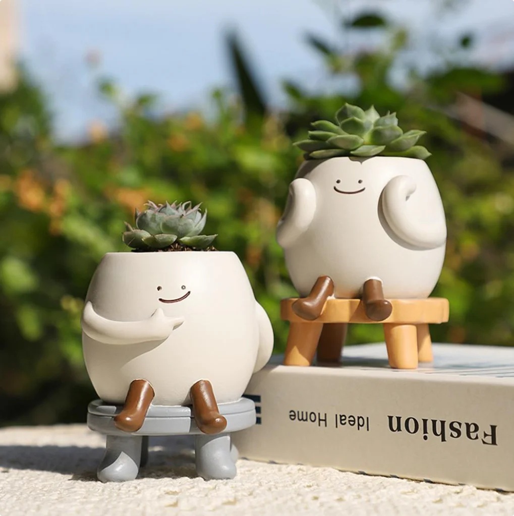 Joy Bubble – Cute Round Face Sitting Resin Pot | Succulent Desk & Home Decor